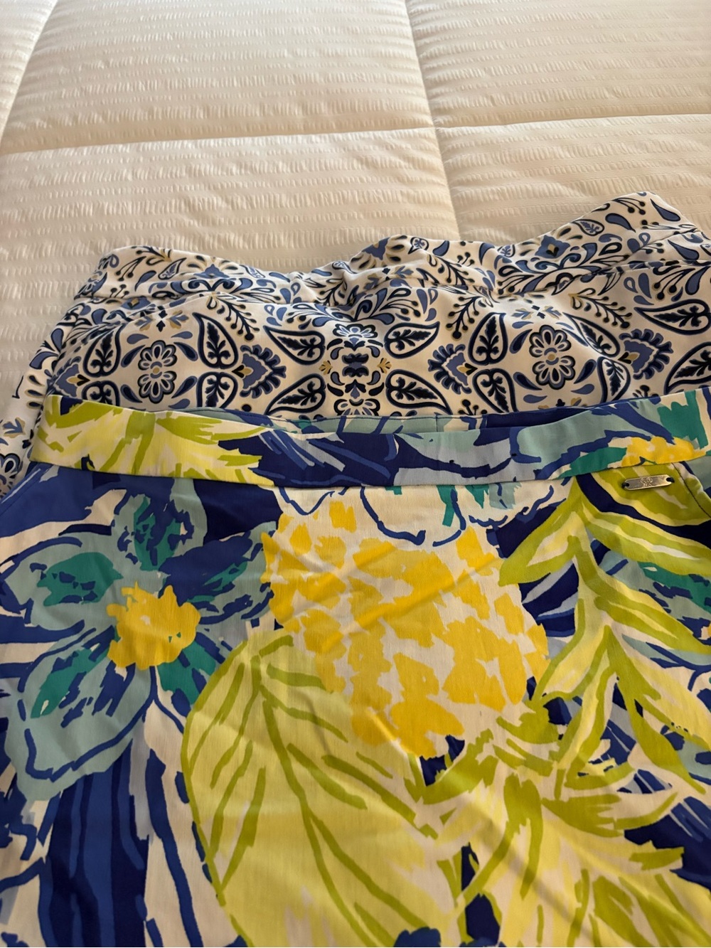 Rafaella Blue Floral Print Skirt with Yellow &Croft and Barrow Blue Skorts